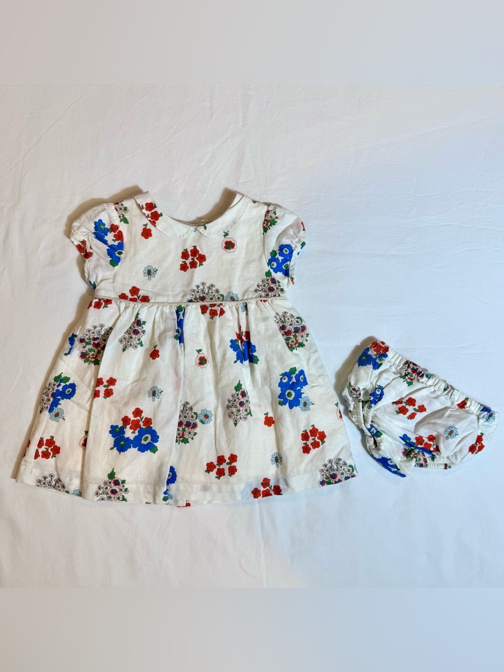 New Baby Boden Floral Dress Bloomers Set Girls 3-6M Posies Red White Blue Linen
